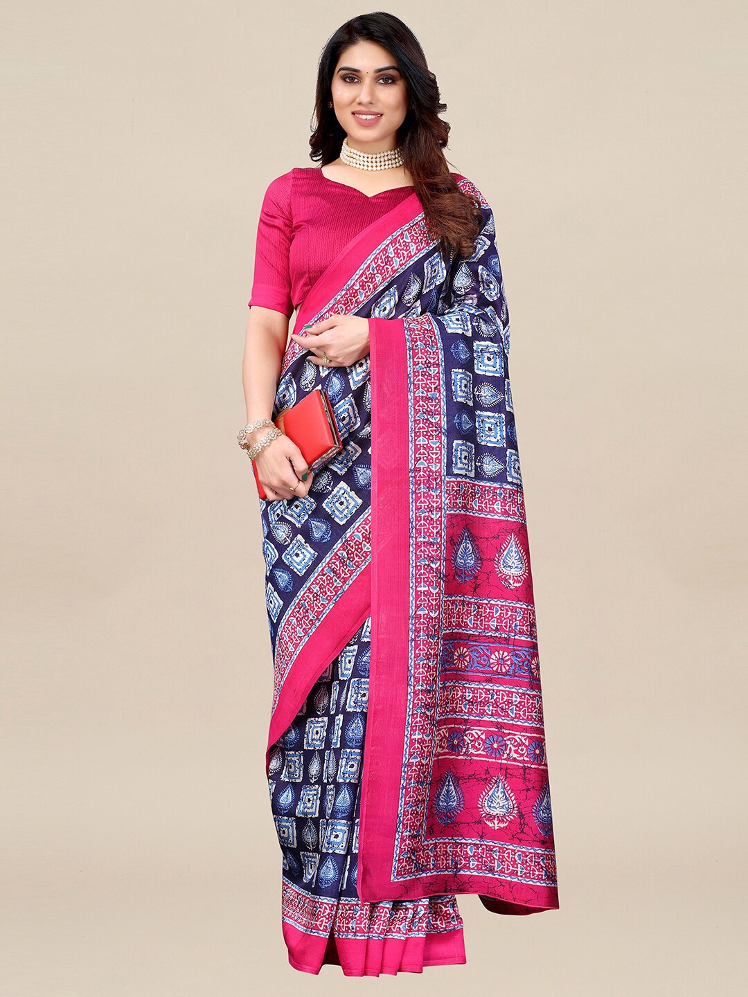 

KALINI Women Navy Blue Printed Art Silk Saree