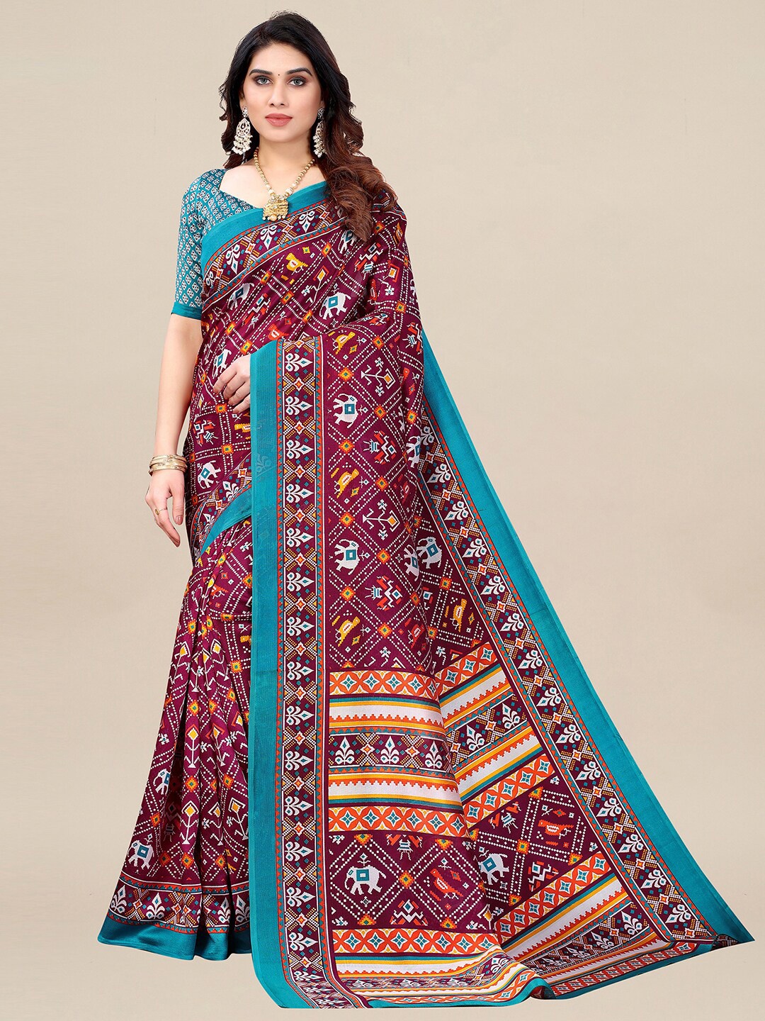 

KALINI Magenta & Blue Ethnic Motifs Patola Art Silk Saree