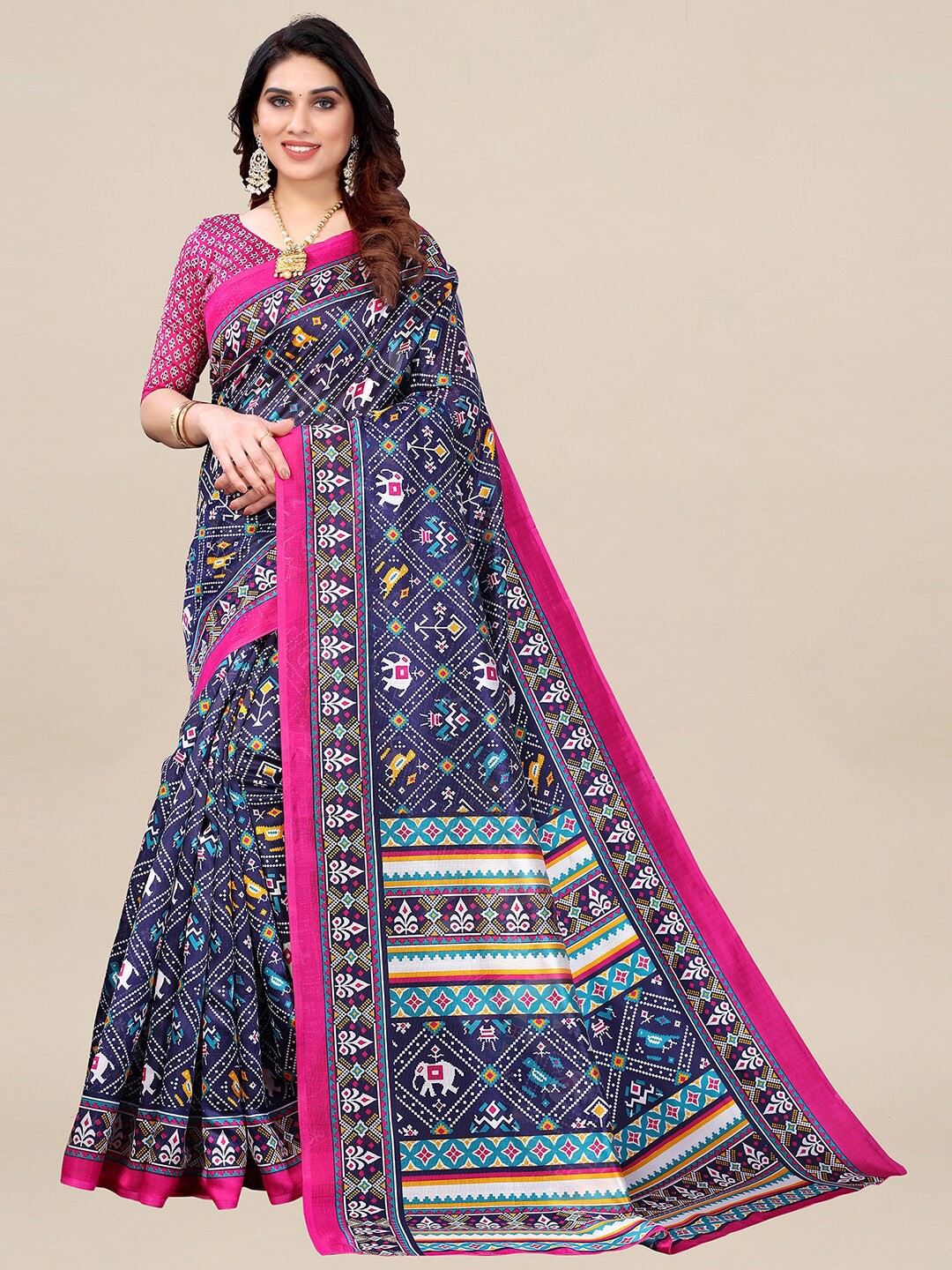 

KALINI Navy Blue & Pink Ethnic Motifs Art Silk Patola Saree