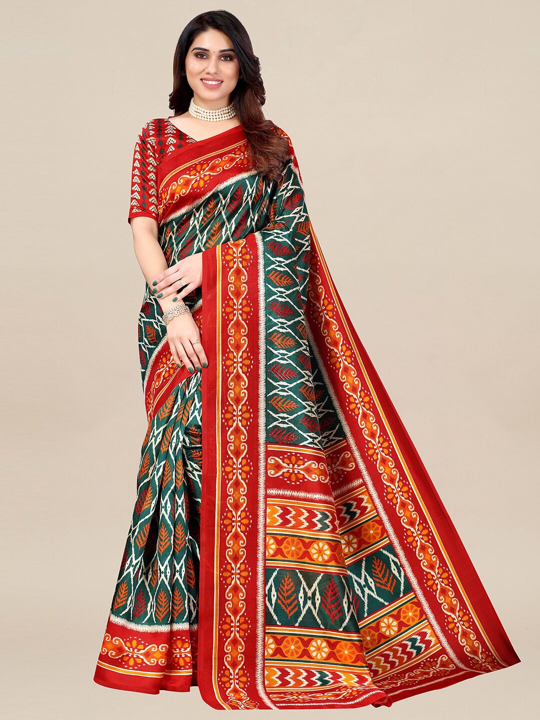 

KALINI Green & Red Ethnic Motifs Printed Pochampally Saree