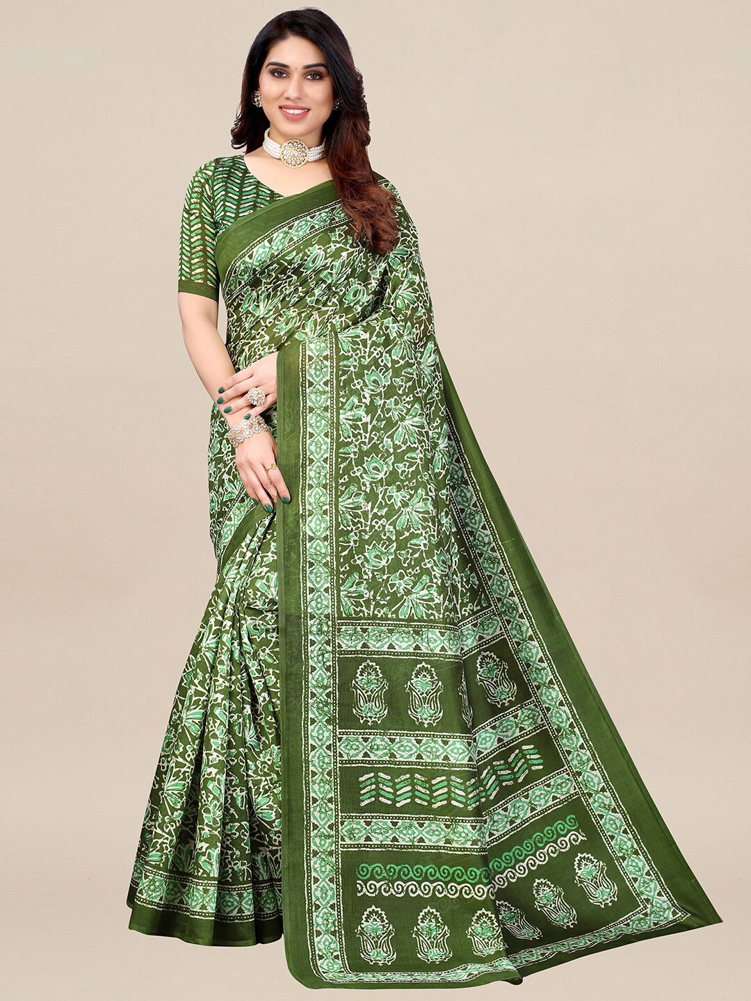 

KALINI Olive Green & White Ethnic Motifs Art Silk Ikat Saree