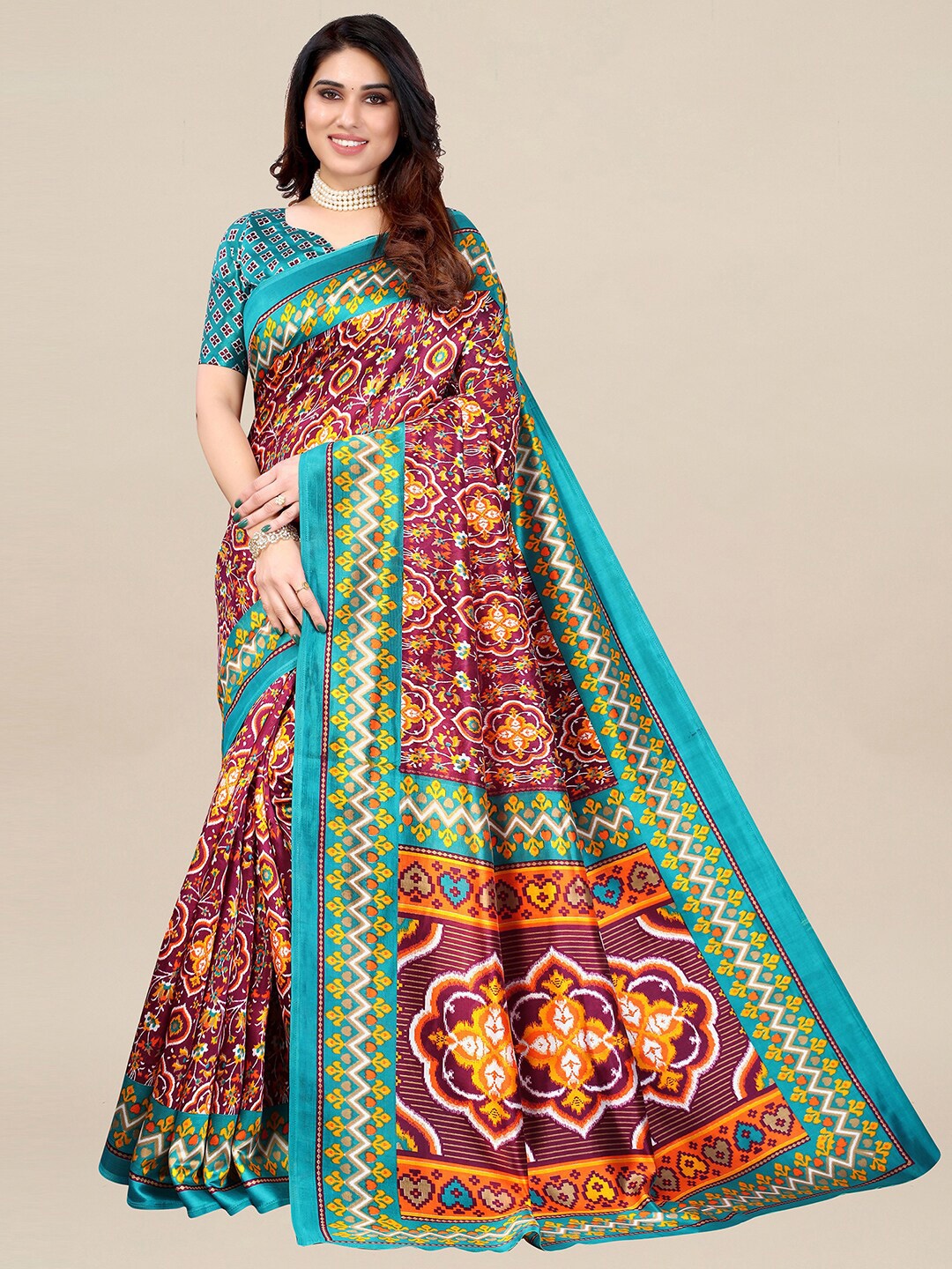 

KALINI Magenta & Blue Ethnic Motifs Printed Pochampally Saree