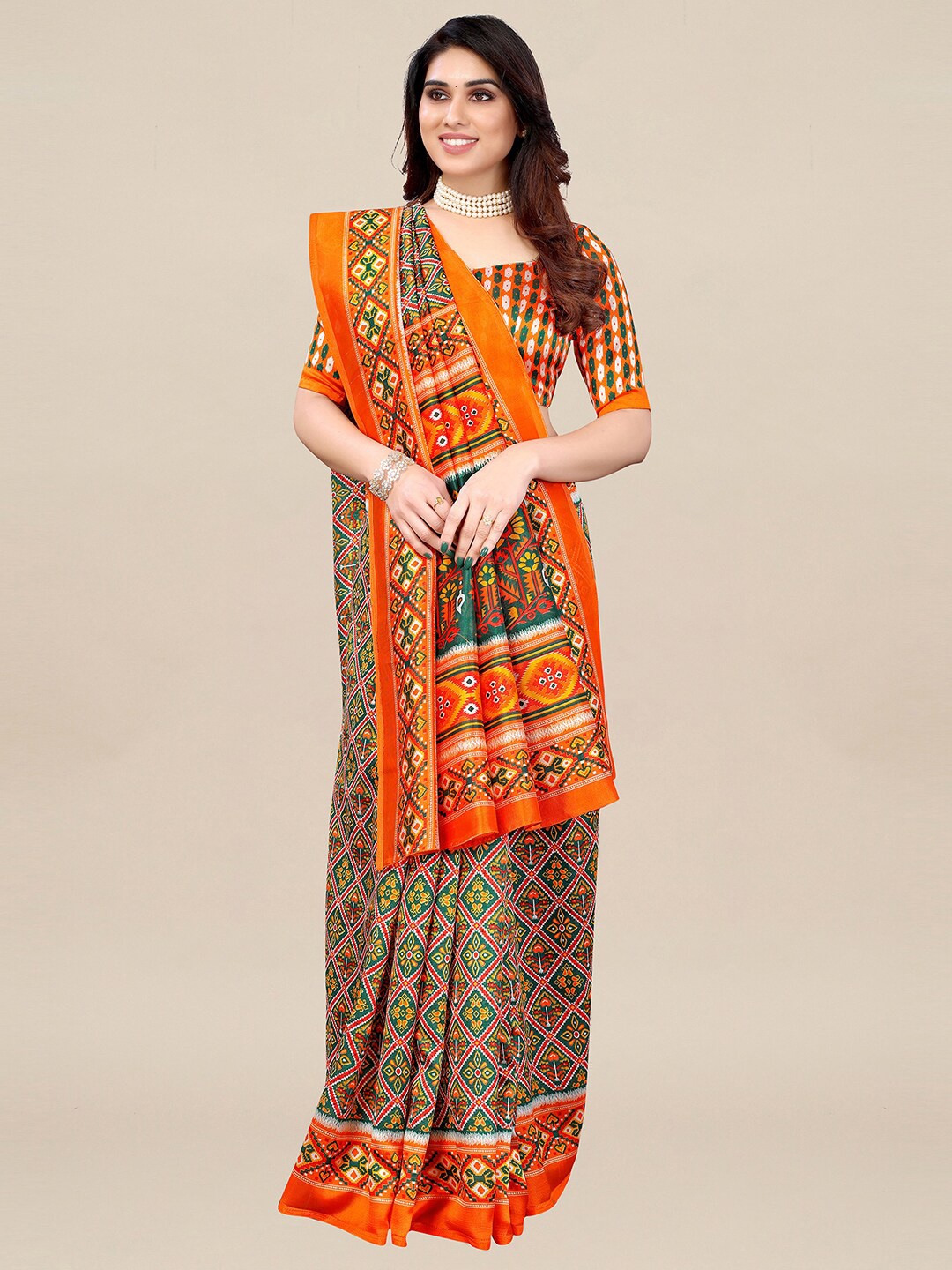 

KALINI Green & Orange Ethnic Motifs Art Silk Pochampally Saree