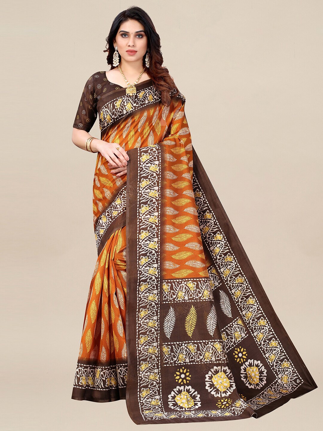 

KALINI Camel Brown & Orange Ethnic Motifs Pochampally Art Silk Saree
