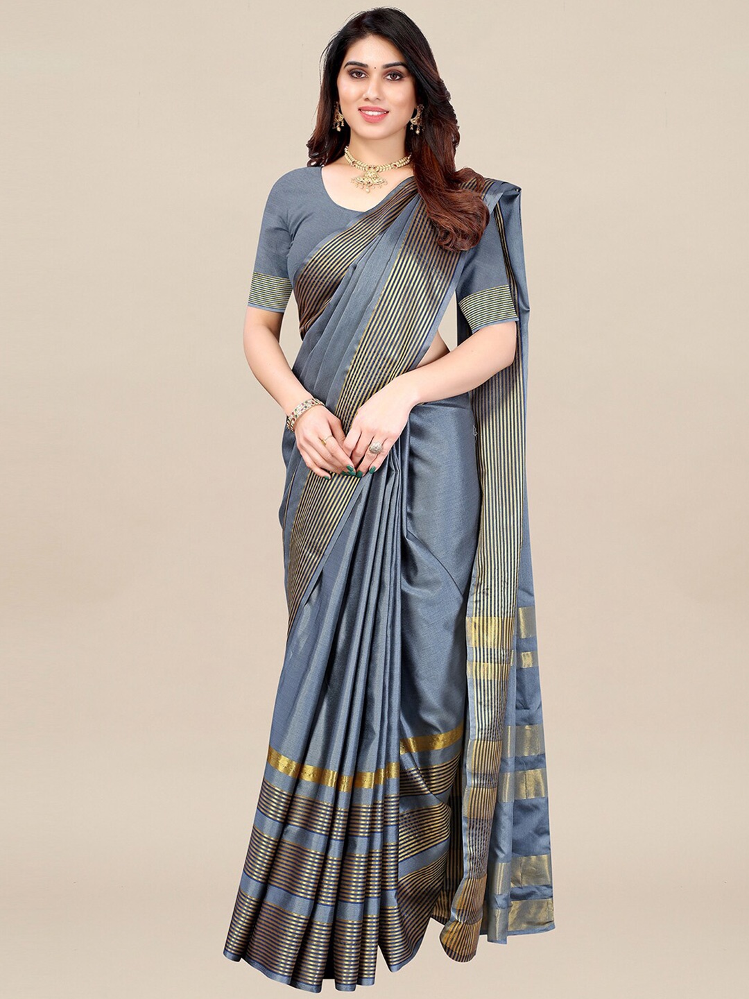 

KALINI Grey & Gold Solid Taant Art Silk Saree