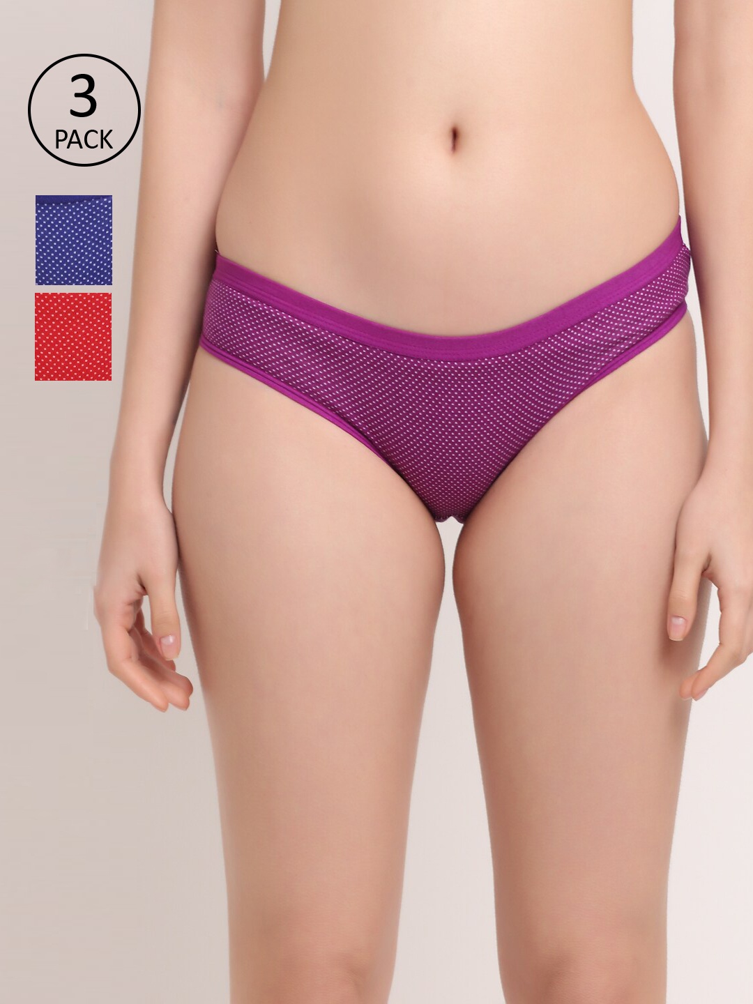 

Friskers Women Set of 3 Polka Dots Printed Premium Cotton Hipster Briefs O-323-03-05-16-S, Purple