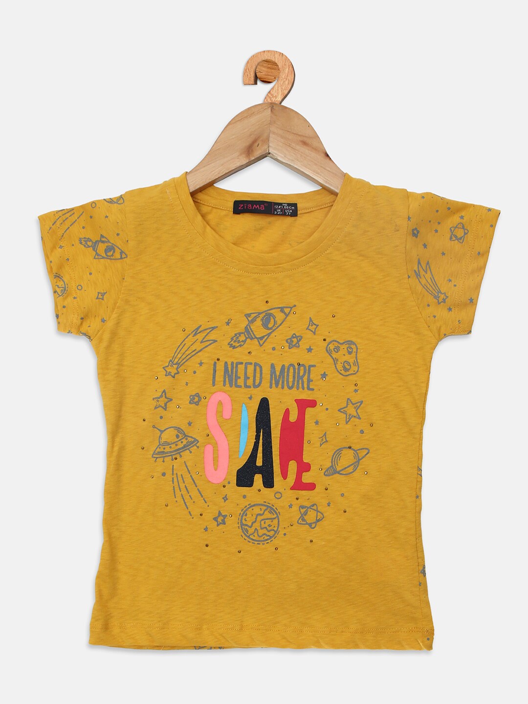 

Ziama Girls Mustard Yellow & Grey Printed Round Neck Regular Top