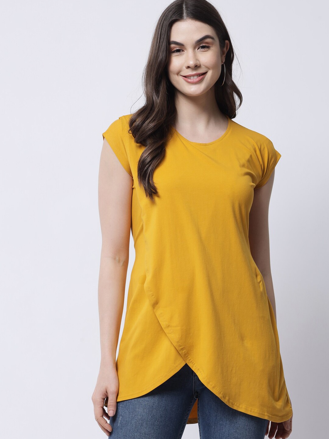 

VANCA ECO Mustard Yellow Extended Sleeves High-Low Overlapped Longline Top