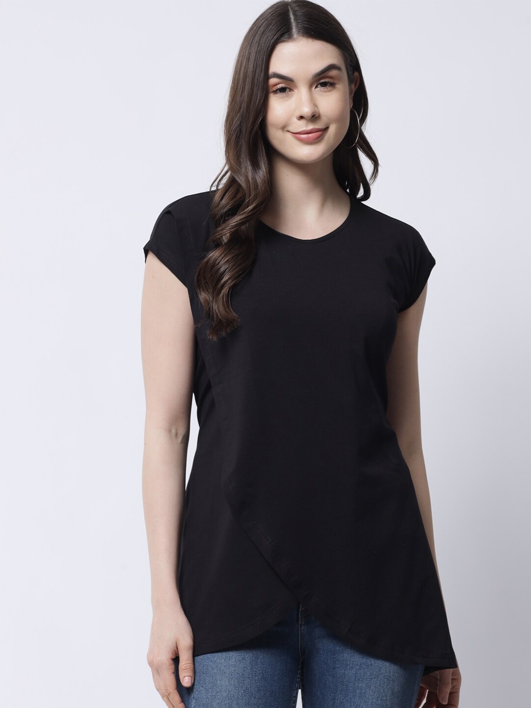 

VANCA ECO Black Solid High-Low Cap Sleeves Top
