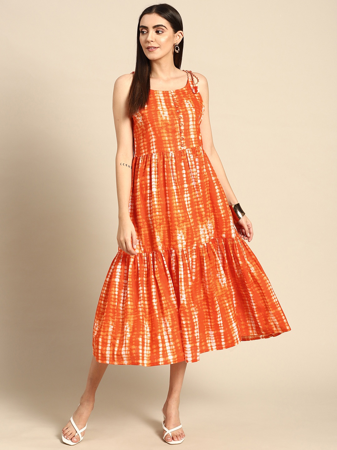 

Anouk Women Orange & White Shibori Printed A-Line Midi Dress