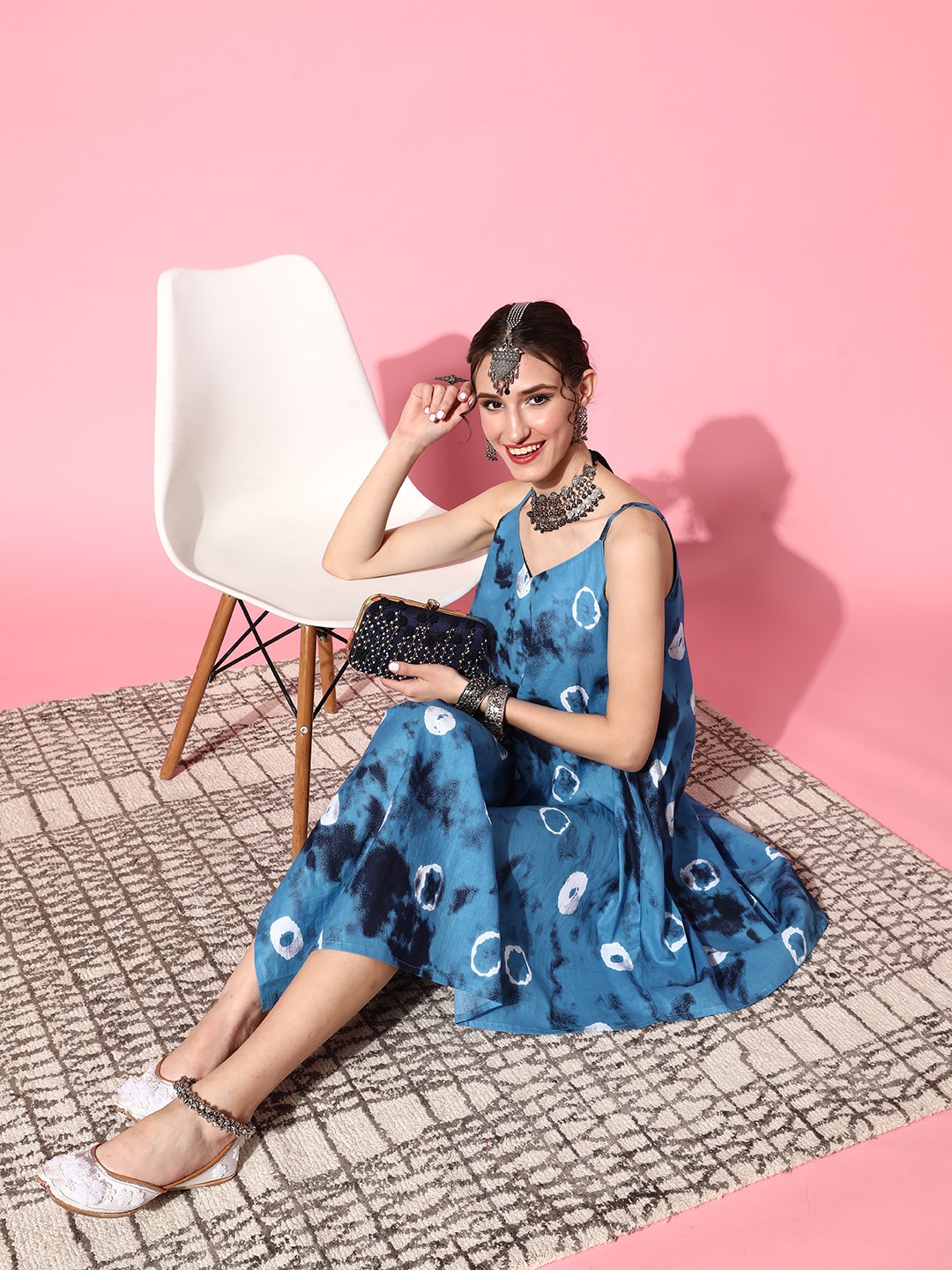 

Anouk Blue & Black Tie and Dye Pure Cotton A-Line Midi Dress