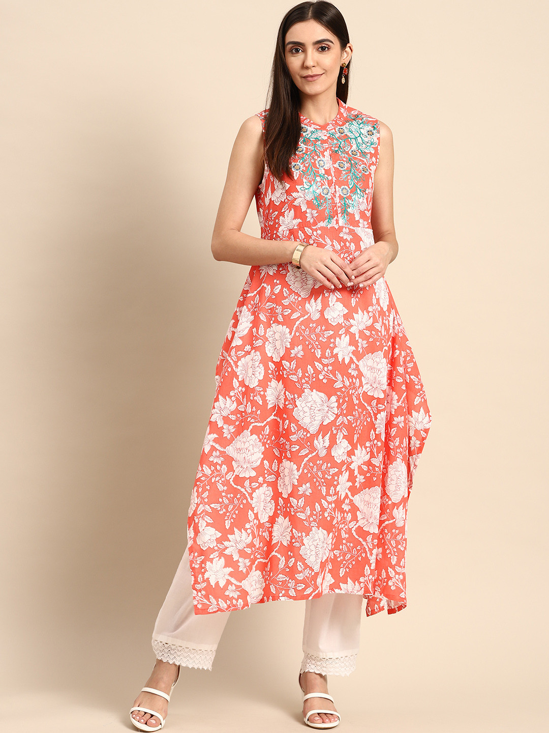 

Anouk Women Coral Orange & White Floral Printed Floral Kurta