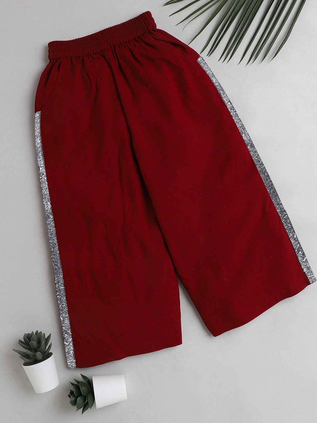 

The Magic Wand Girls Maroon & Silver-Toned Solid Straight Palazzos