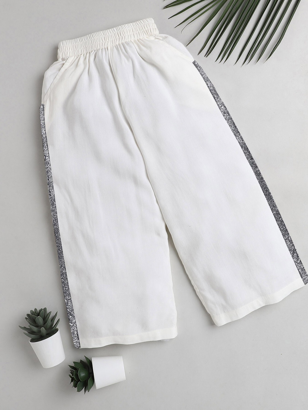 

The Magic Wand Girls White & Silver-Toned Embellished Palazzos