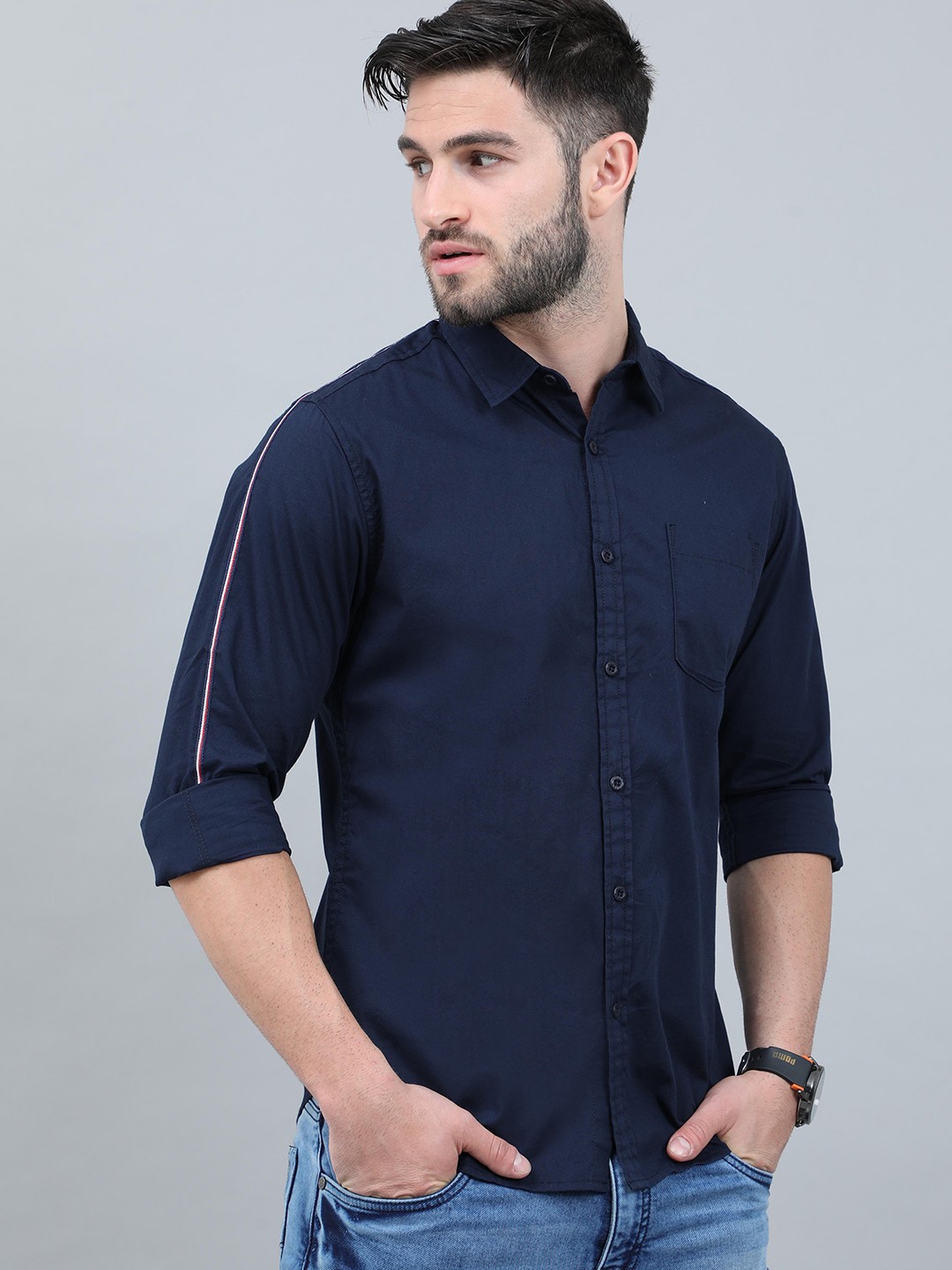 

HERE&NOW Men Navy Blue Slim Fit Cotton Casual Shirt