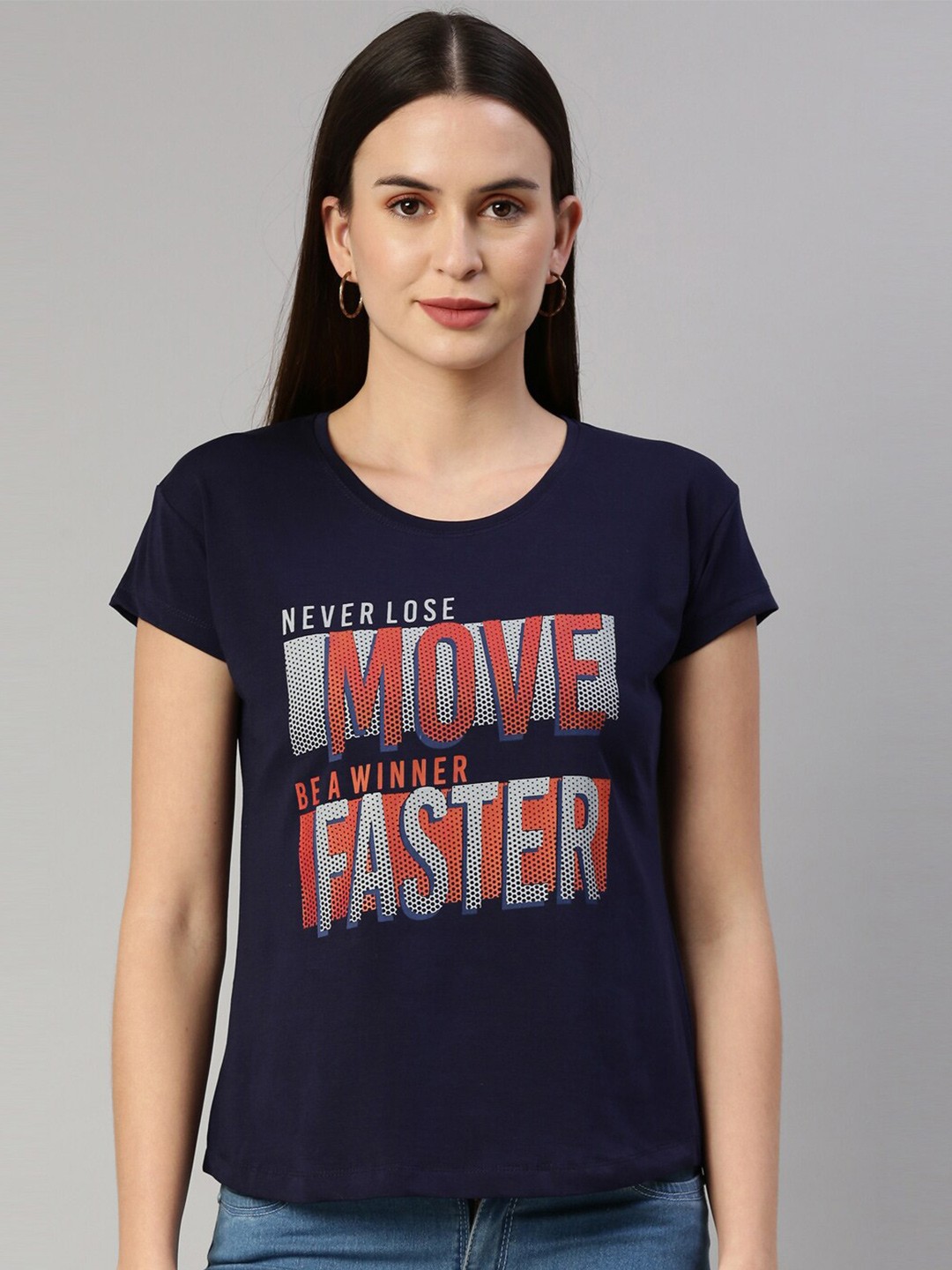 

GOLDSTROMS Women Navy Blue Typography Printed T-shirt
