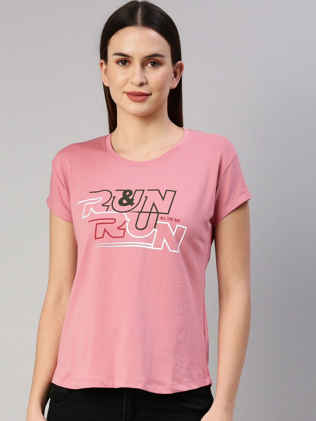 

GOLDSTROMS Women Pink Typography Printed Training or Gym T-shirt
