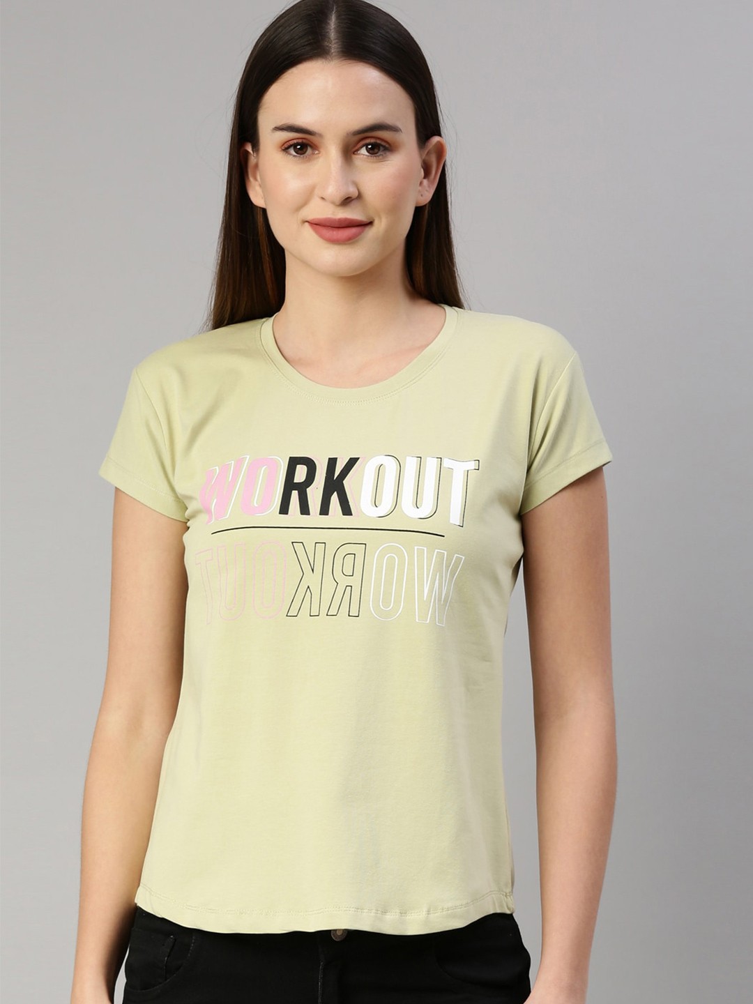 

GOLDSTROMS Women Green Typography Printed Training or Gym T-shirt