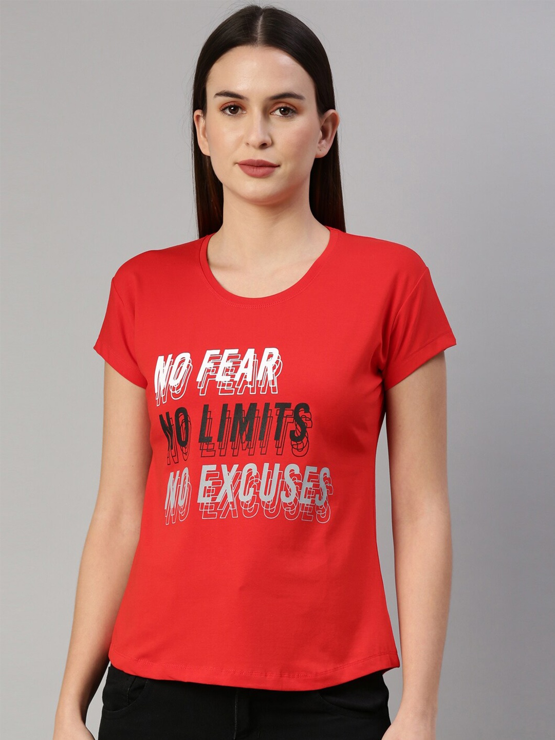 

GOLDSTROMS Women Red & White Typography Printed Drop-Shoulder Sleeves T-shirt