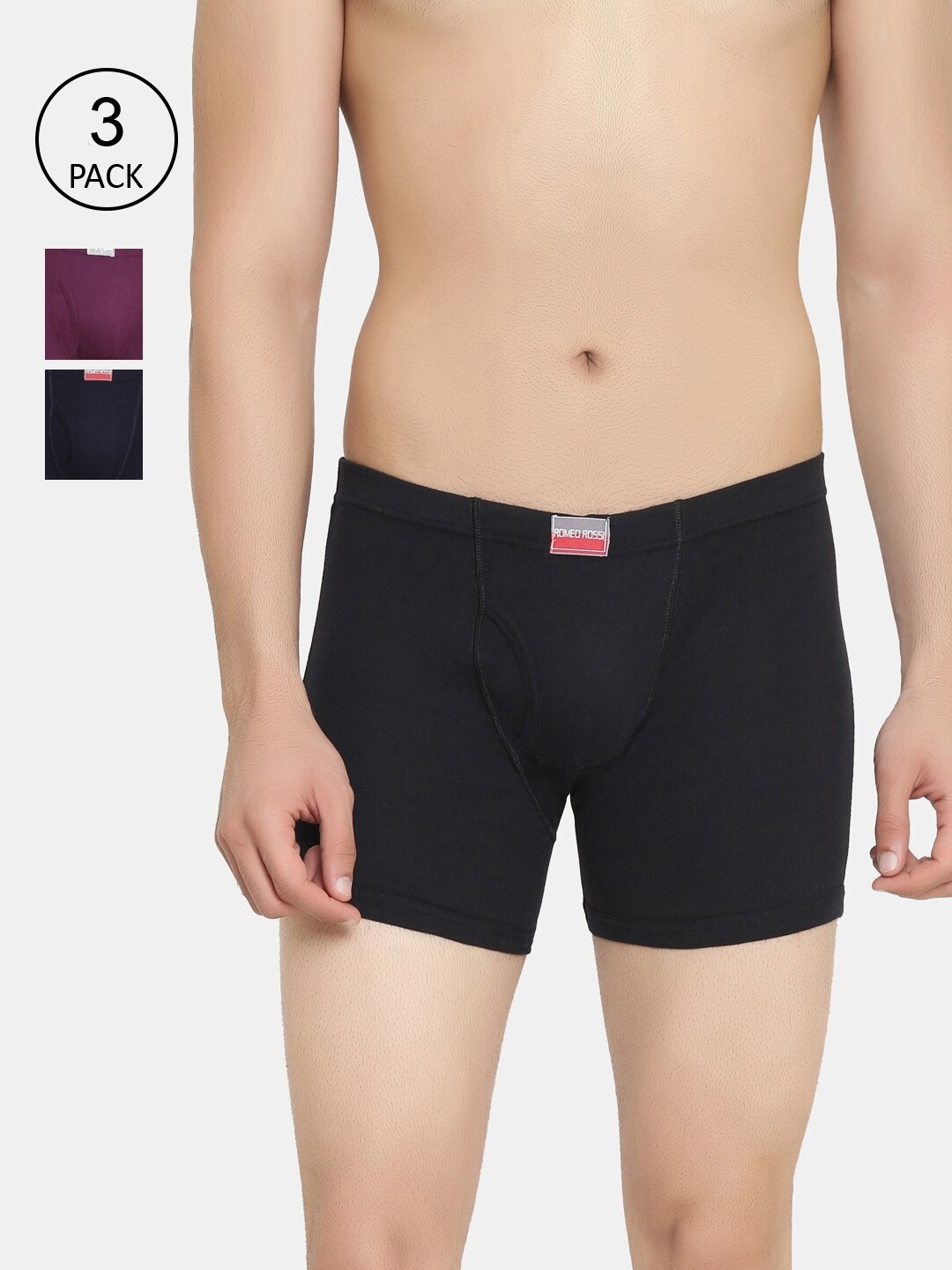

ROMEO ROSSI Men Pack Of 3 Pure Cotton Trunks RTIE-1004-BLK-NB-WN-3, Black