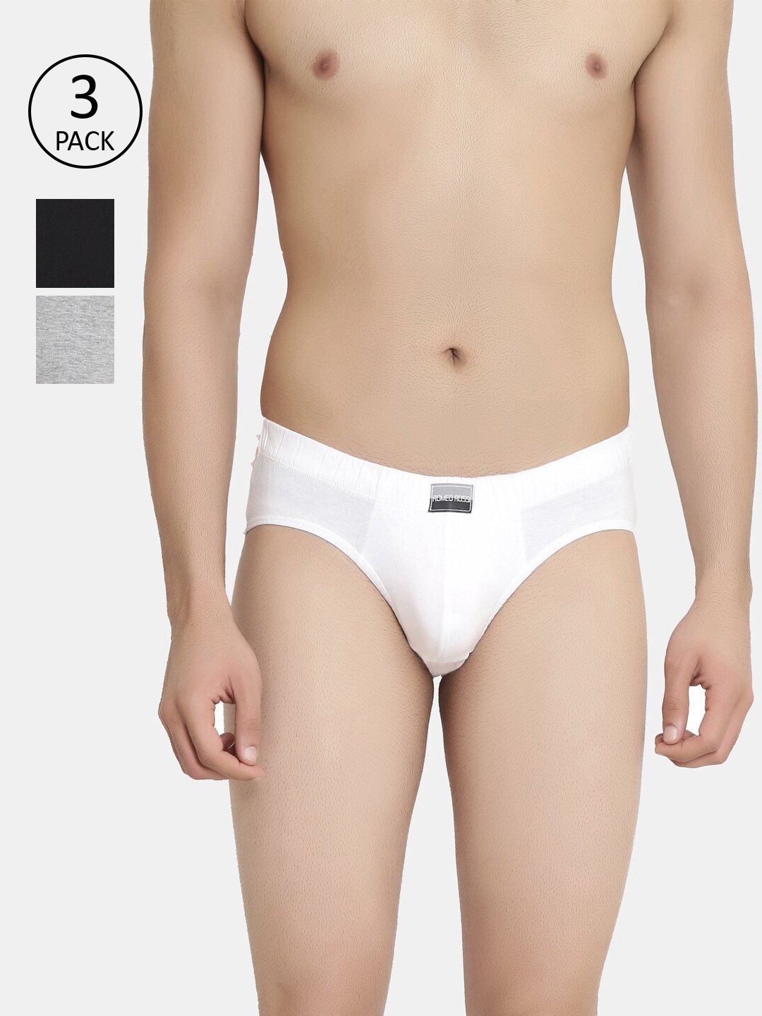 

ROMEO ROSSI Men Pack Of 3 Solid Pure Cotton Basic Briefs, Black