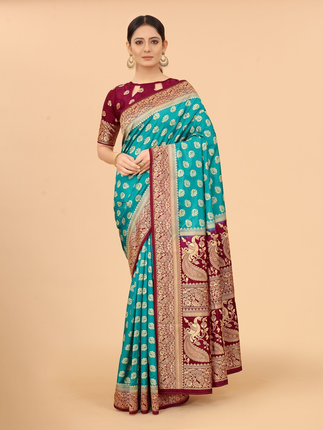 

SATYAM WEAVES Blue & Maroon Woven Design Zari Silk Cotton Banarasi Saree