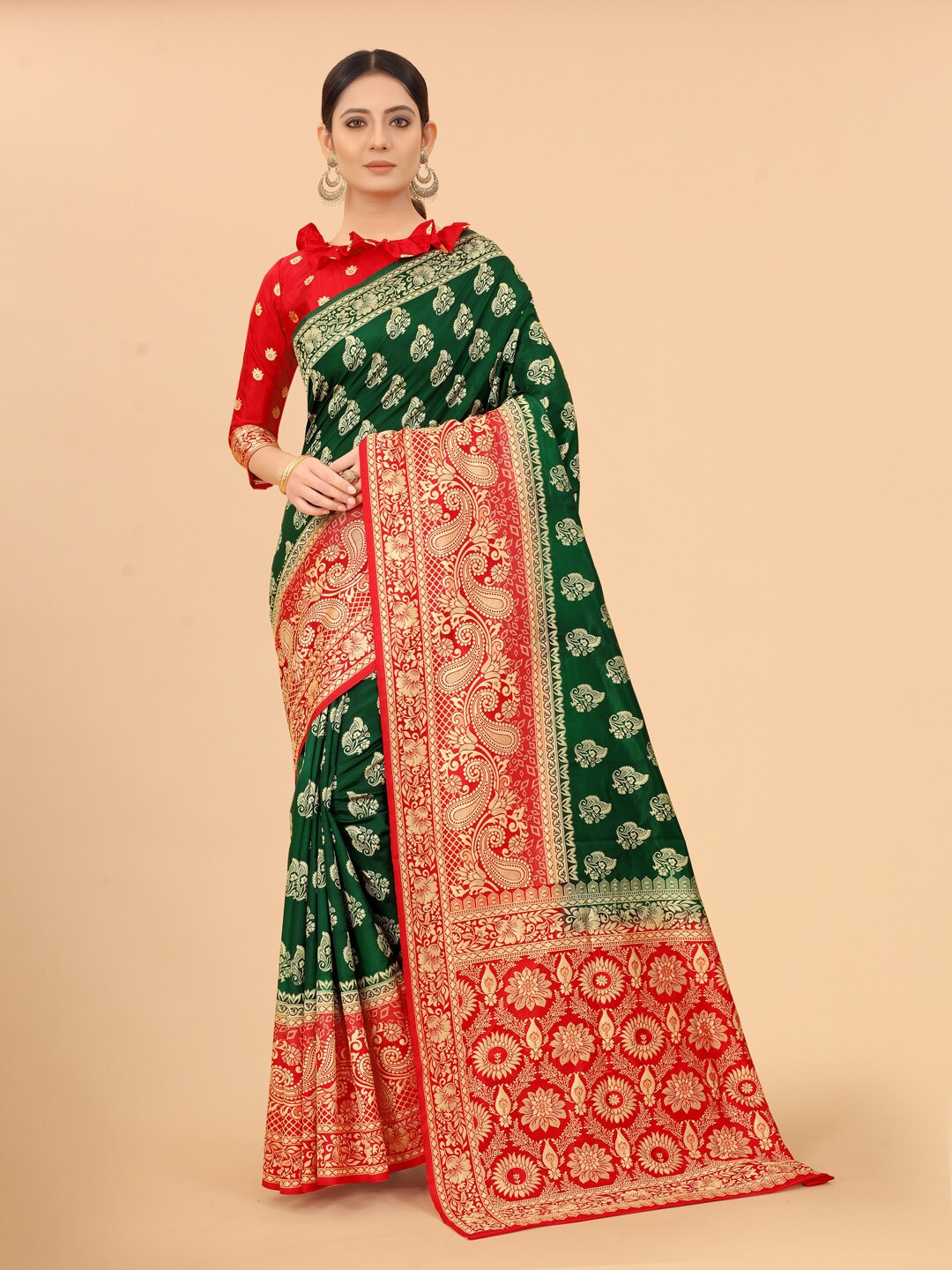 

SATYAM WEAVES Green & Red Woven Design Zari Silk Cotton Banarasi Saree