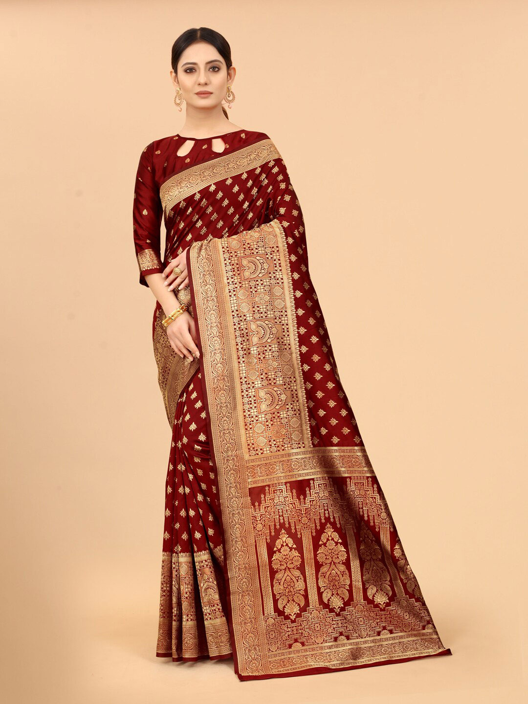 

SATYAM WEAVES Maroon & Gold-Toned Woven Design Zari Silk Cotton Banarasi Saree