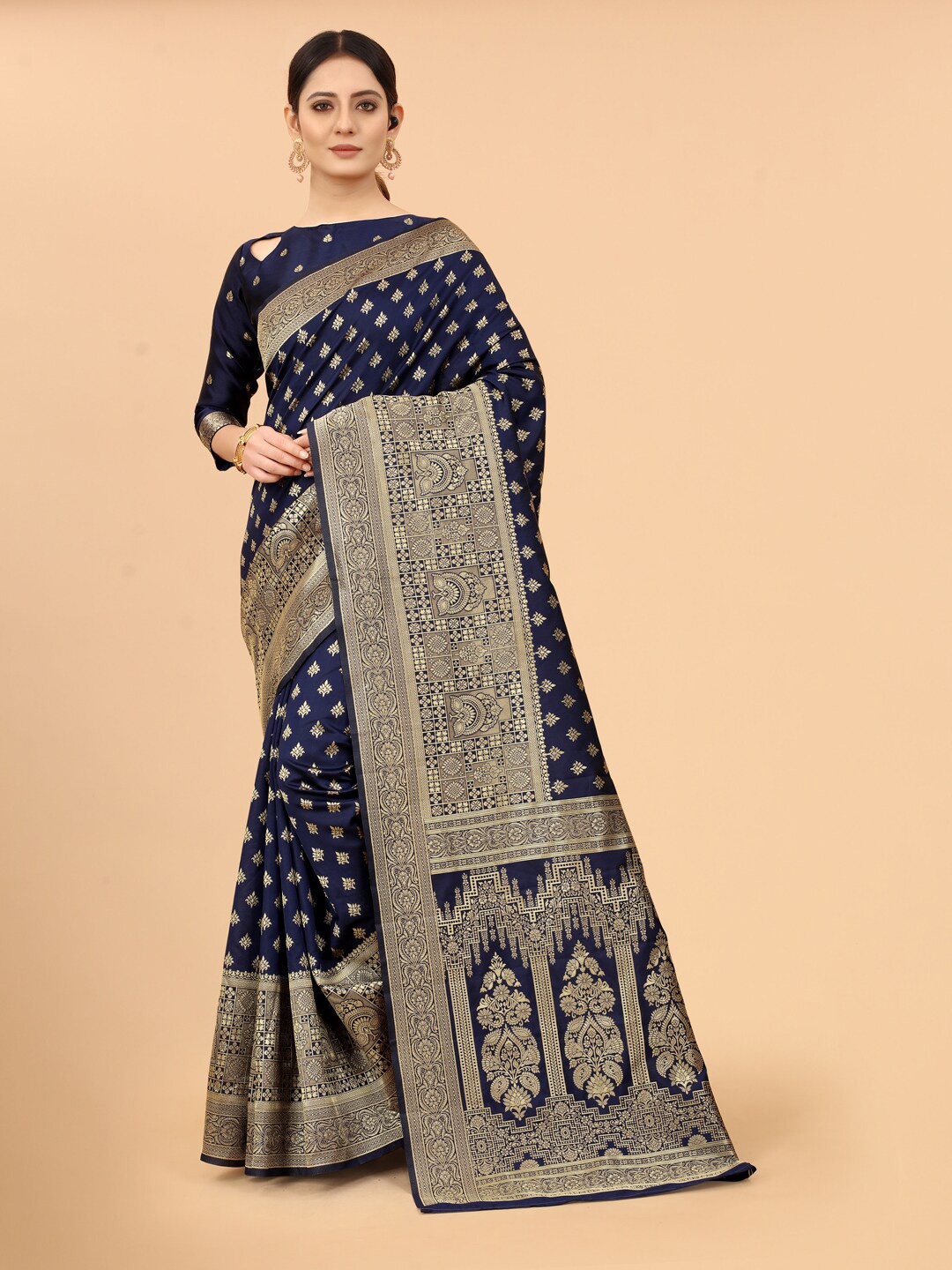 

SATYAM WEAVES Navy Blue & Golden Ethnic Motifs Zari Silk Cotton Banarasi Saree