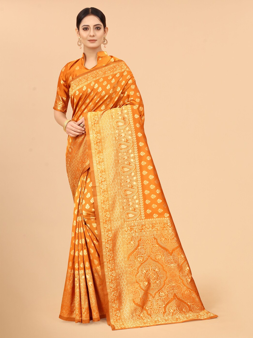 

SATYAM WEAVES Orange & Gold-Toned Ethnic Motifs Silk Cotton Banarasi Saree