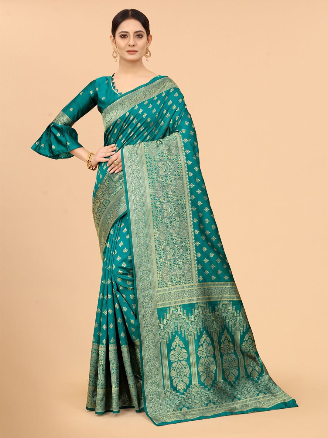 

SATYAM WEAVES Teal Green & Gold-Toned Ethnic Motifs Zari Silk Cotton Banarasi Saree