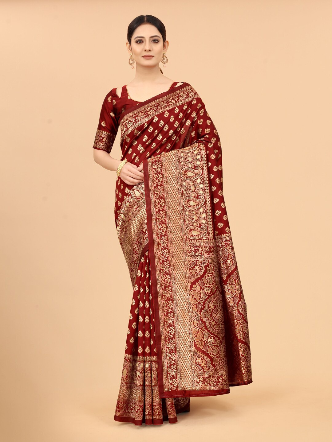 

SATYAM WEAVES Maroon & Gold-Toned Ethnic Motifs Silk Cotton Banarasi Saree