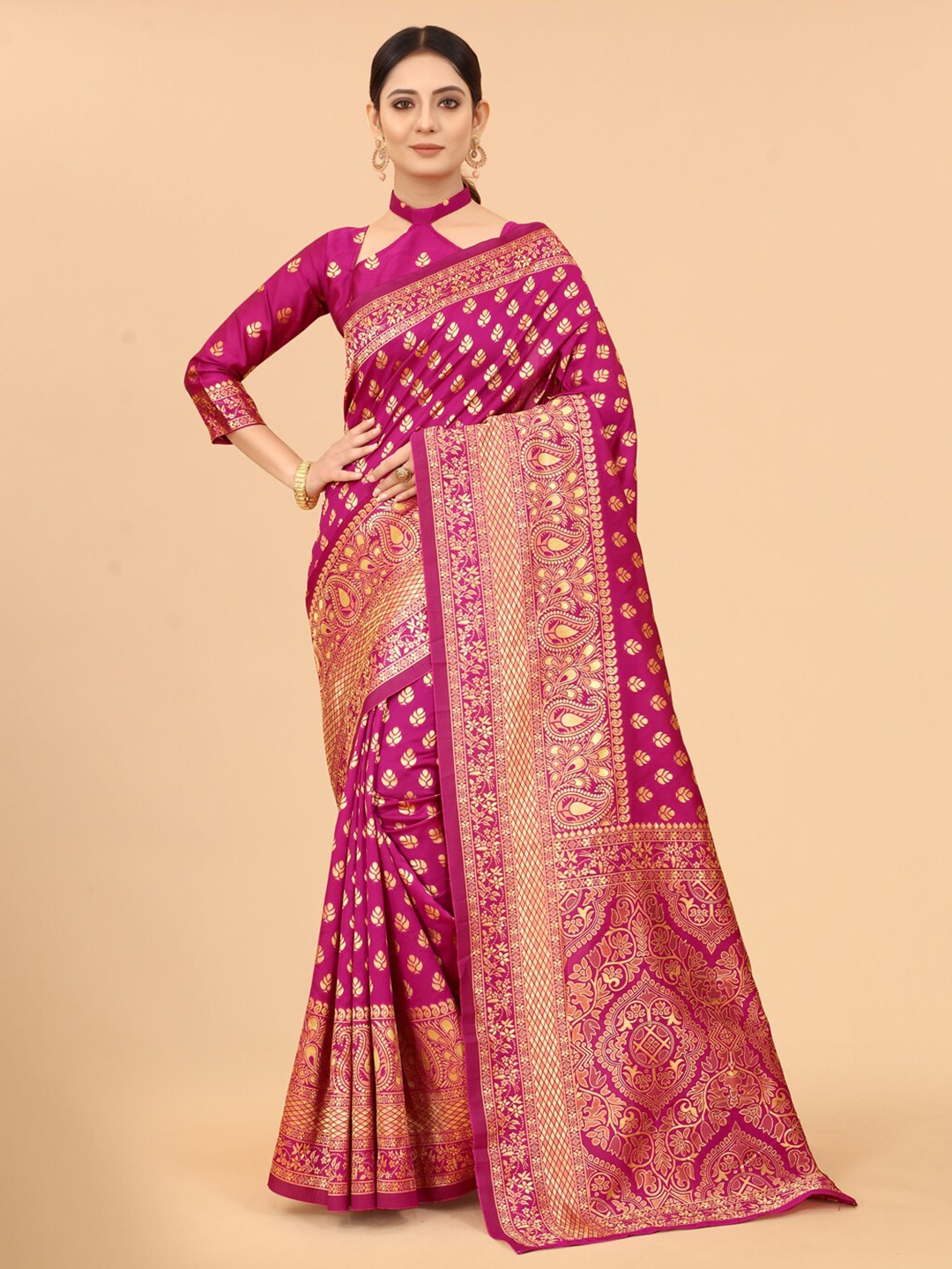 

SATYAM WEAVES Pink & Gold-Toned Ethnic Motifs Zari Silk Cotton Banarasi Saree