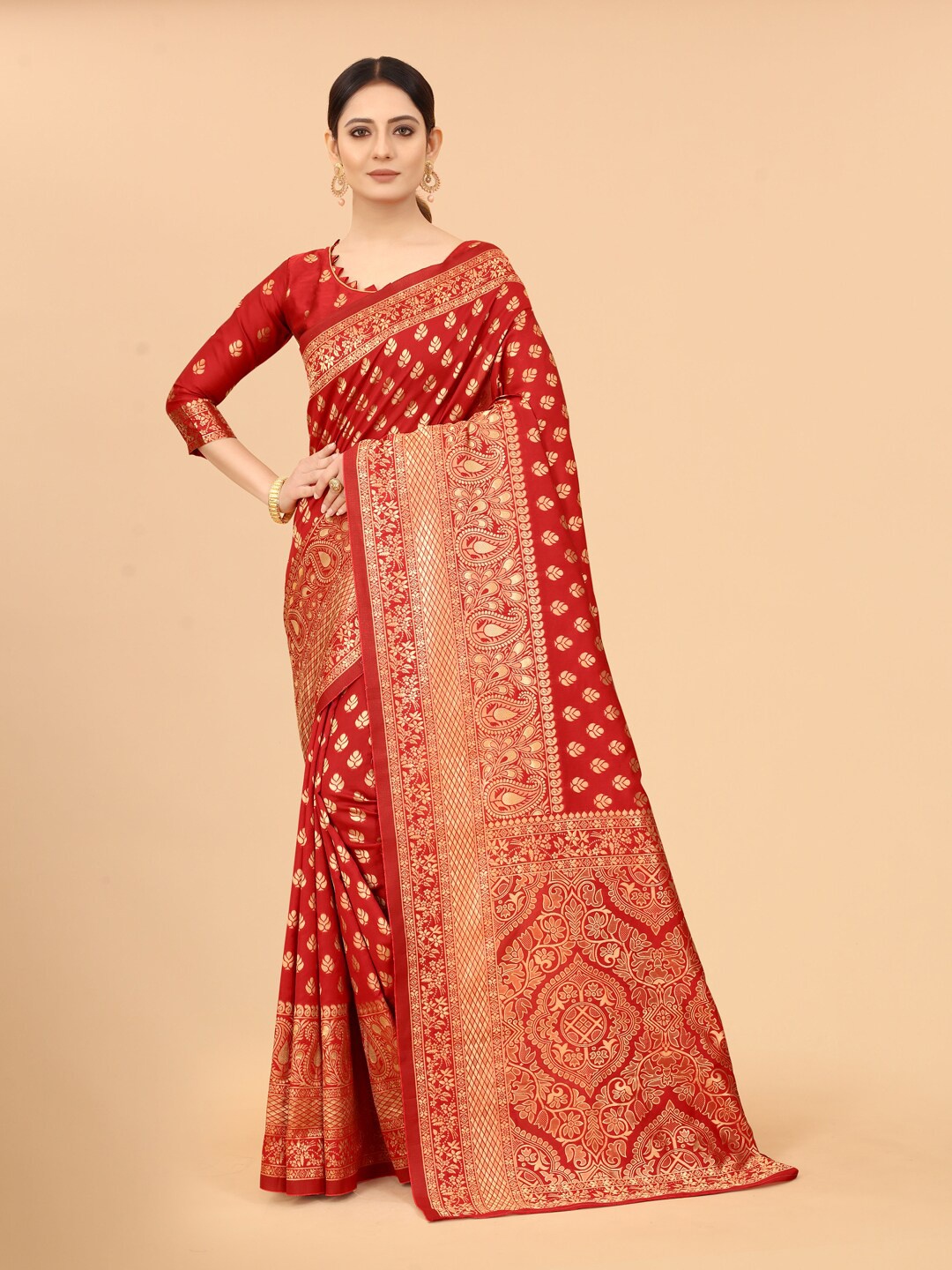 

SATYAM WEAVES Red & Golden Ethnic Motifs Zari Silk Cotton Banarasi Saree