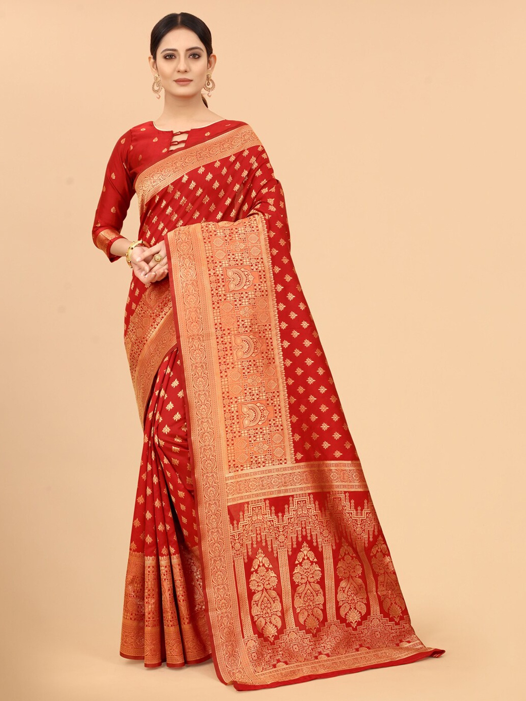 

SATYAM WEAVES Red & Gold-Toned Woven Design Zari Silk Cotton Banarasi Saree