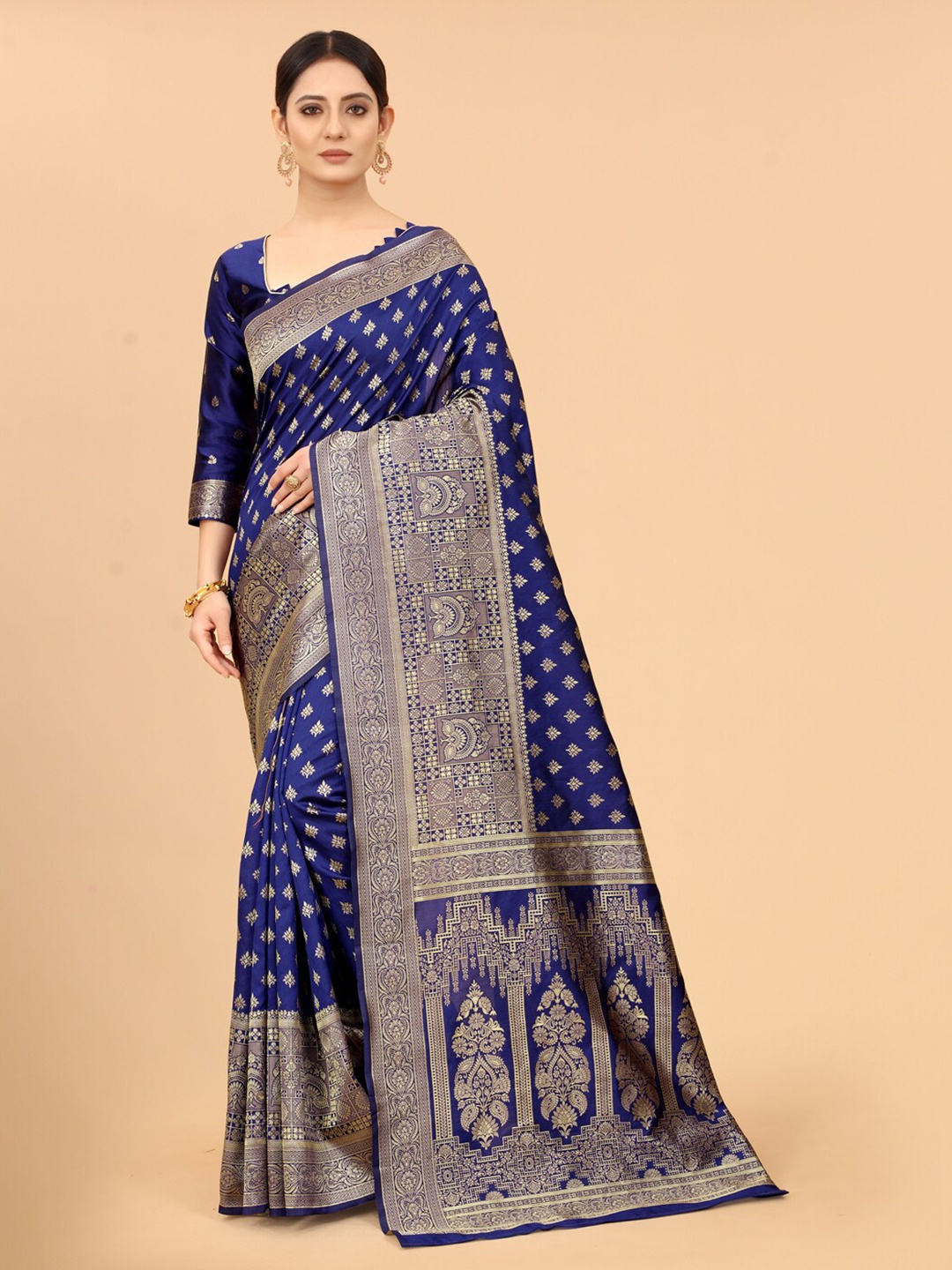 

SATYAM WEAVES Blue & Gold-Toned Woven Design Zari Silk Cotton Banarasi Saree