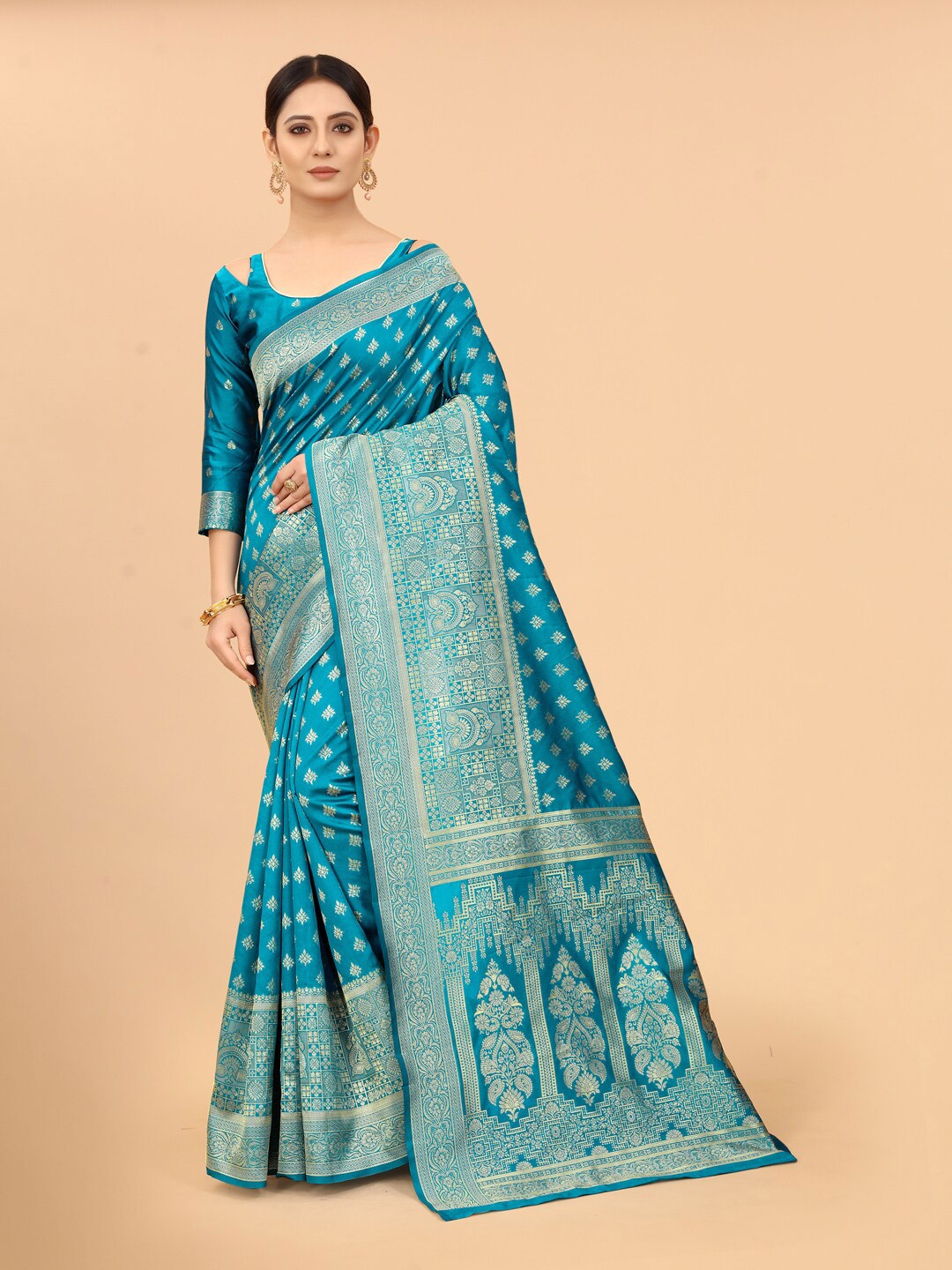 

SATYAM WEAVES Blue & Gold-Toned Woven Design Zari Silk Cotton Banarasi Saree