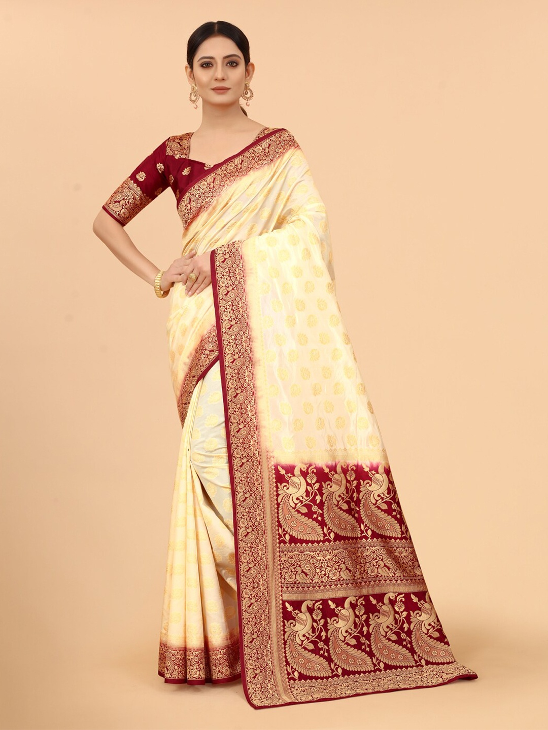 

SATYAM WEAVES Beige & Red Woven Design Zari Silk Cotton Banarasi Saree