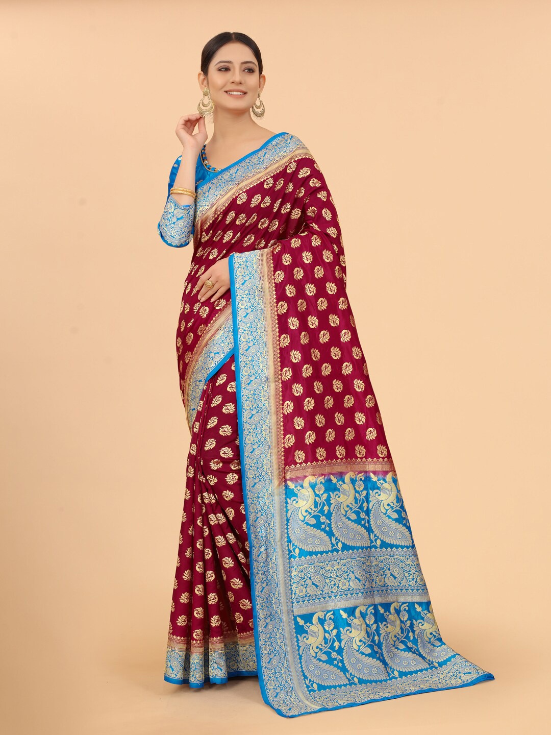 

SATYAM WEAVES Burgundy & Blue Ethnic Motifs Zari Silk Cotton Banarasi Saree