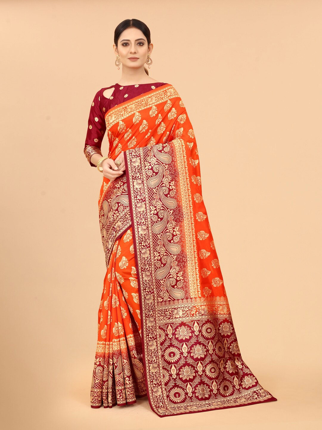 

SATYAM WEAVES Orange & Maroon Woven Design Zari Silk Cotton Banarasi Saree