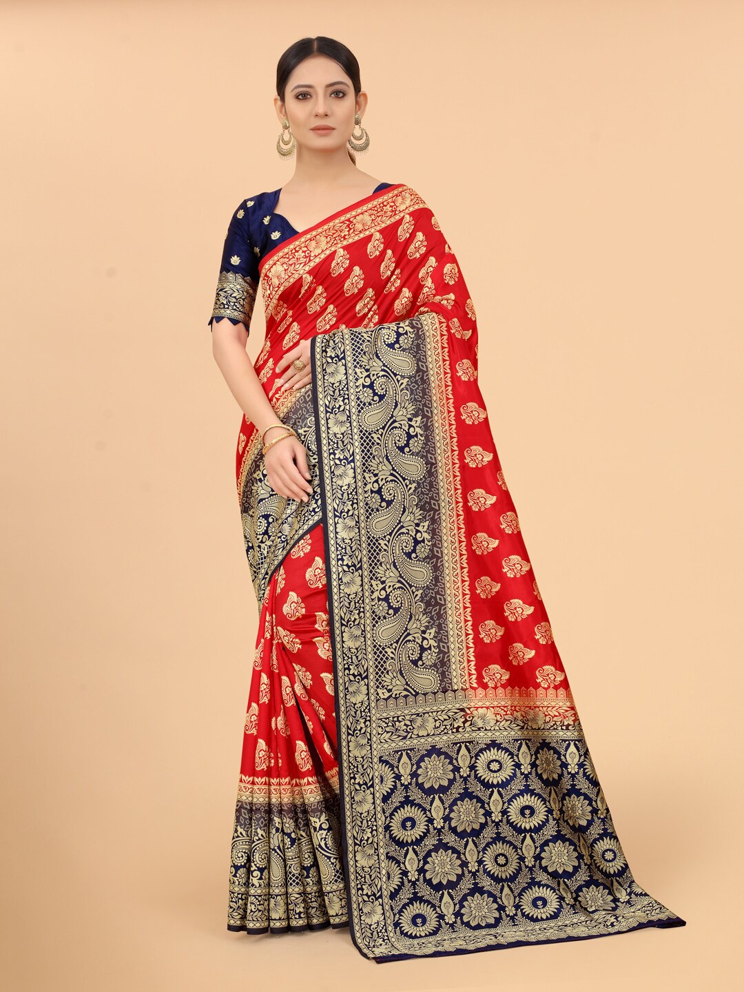 

SATYAM WEAVES Navy Blue & Red Woven Design Zari Silk Cotton Banarasi Saree