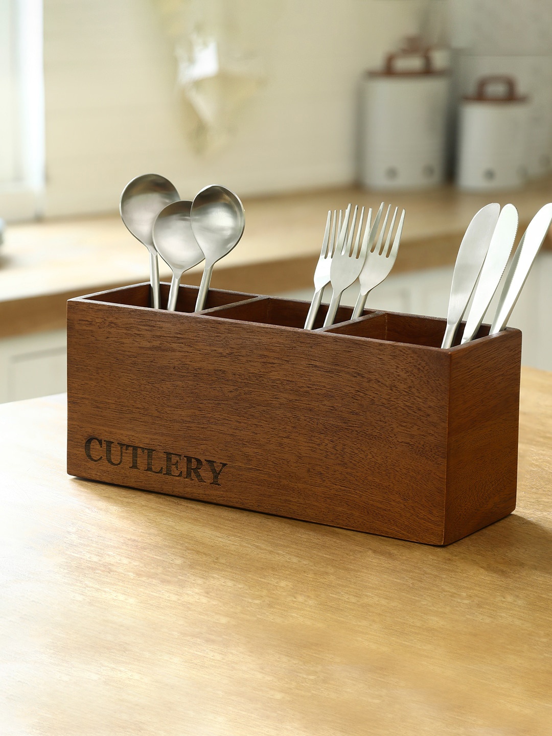 

ellementry Brown Solid Wooden 3 Partition Cutlery Holder