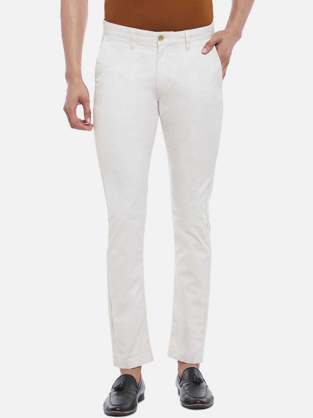 

BYFORD by Pantaloons Men Beige Ultra Slim Fit Low-Rise Cotton Trousers