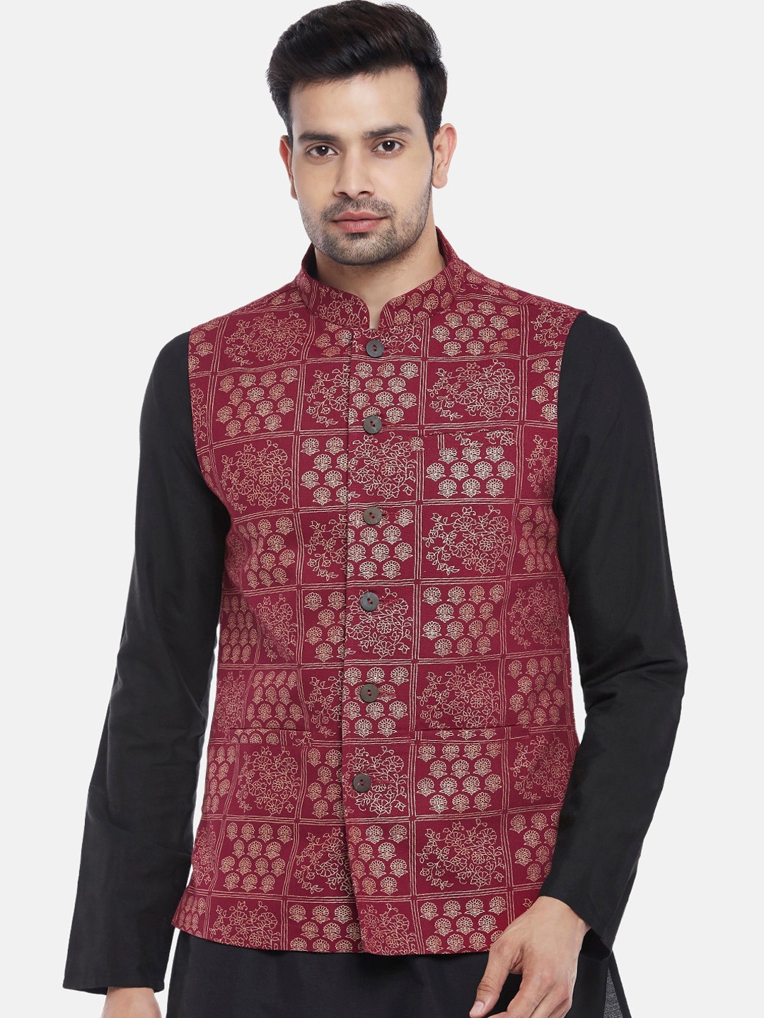 

indus route by Pantaloons Men Maroon Ethnic Motifs Printed Pure Cotton Waistcoat