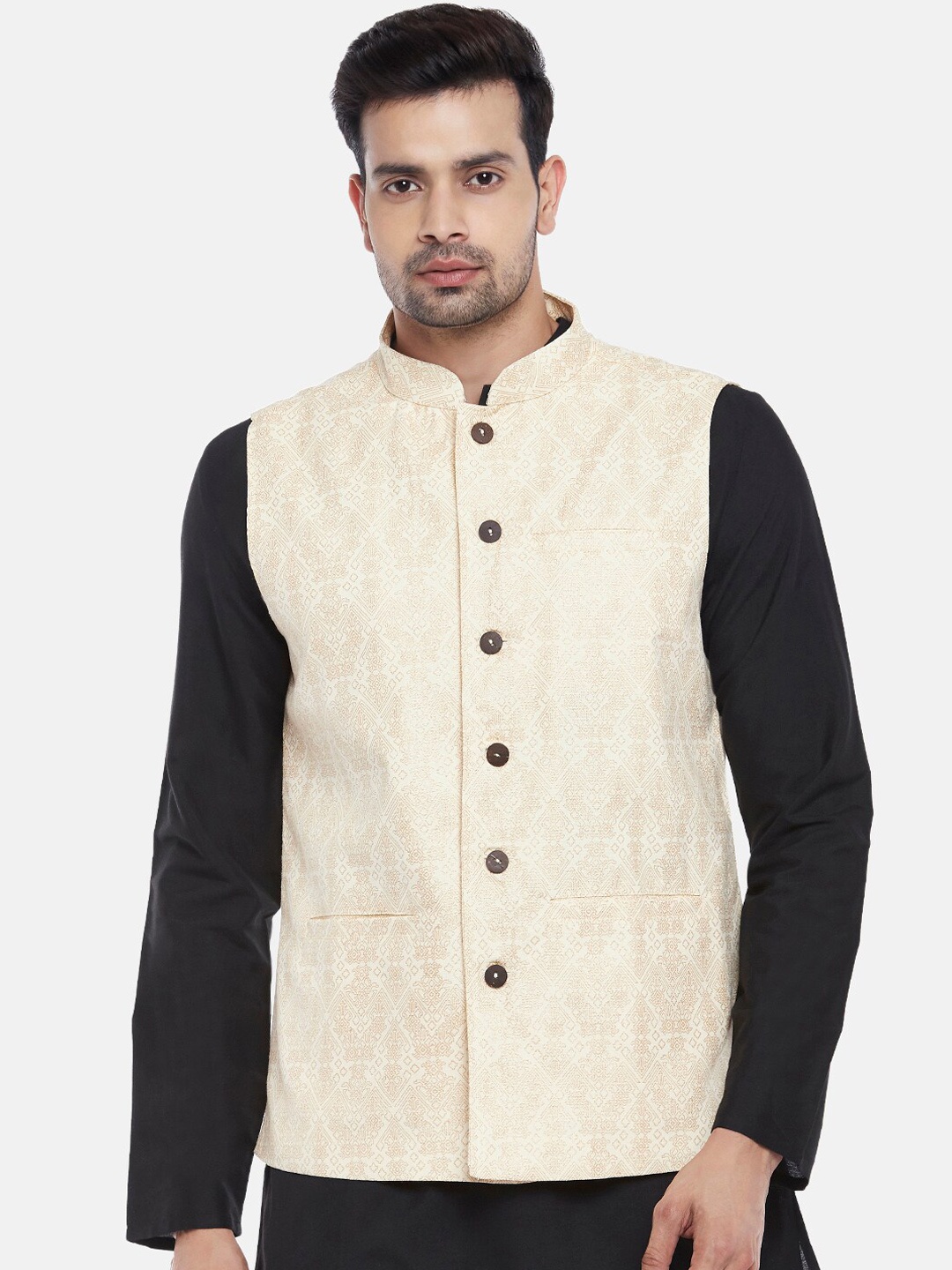 

indus route by Pantaloons Men Beige Printed Nehru Jacket