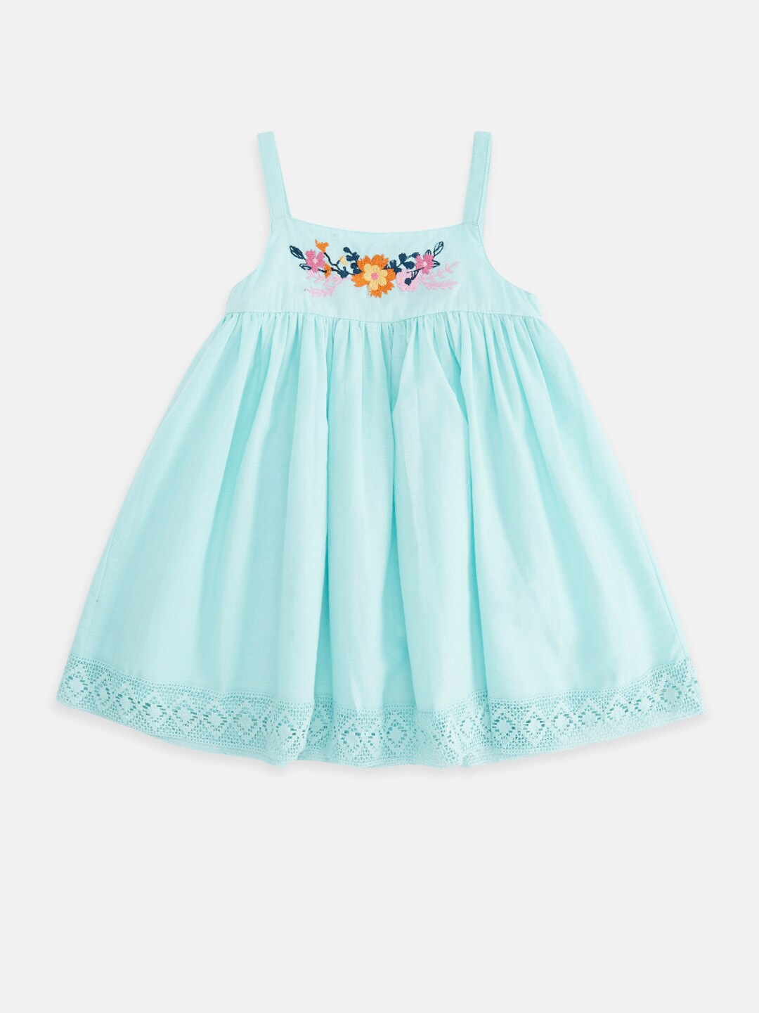 

Pantaloons Baby Girls Turquoise Blue & Orange Embroidered Pure Cotton Strappy A-Line Dress