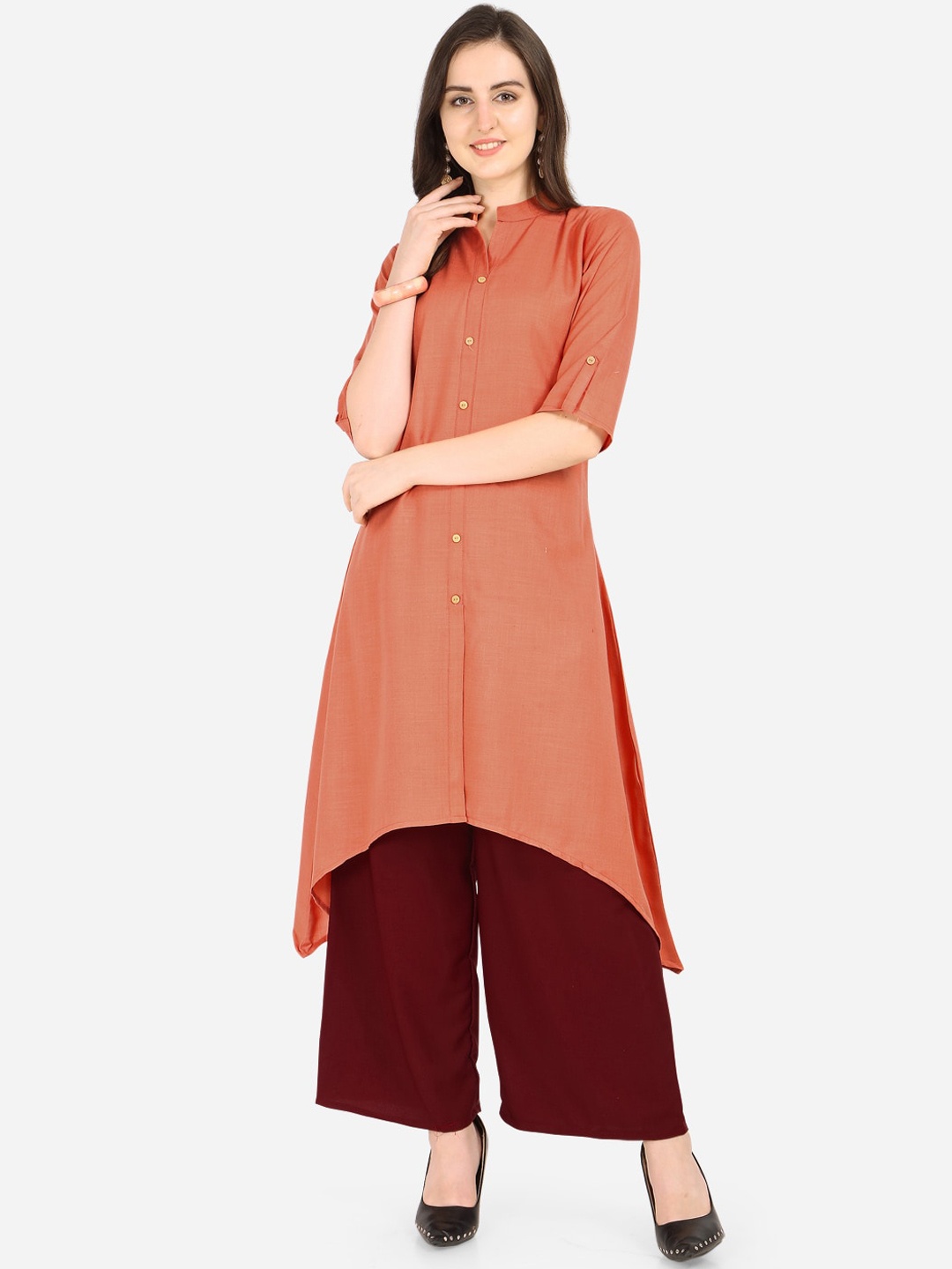 

KALINI Women Peach-Coloured Solid Asymmetric A-Line Cotton Kurta
