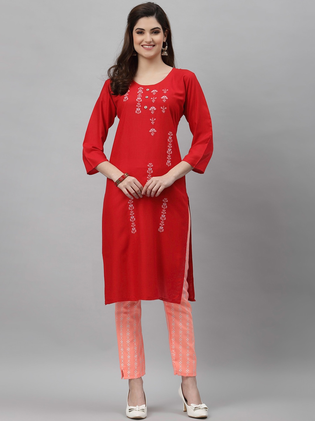 

SANISA Women Red Floral Embroidered Kurta with Trousers