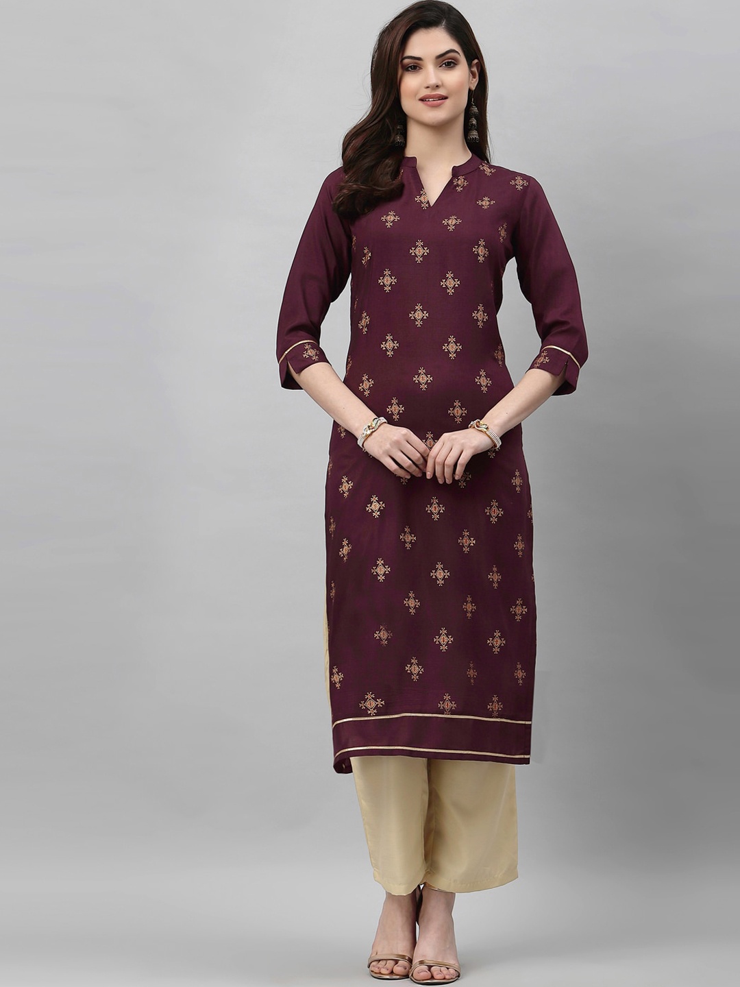 

SANISA Women Burgundy & Gold-Toned Ethnic Motifs Printed SICO Straight Kurta