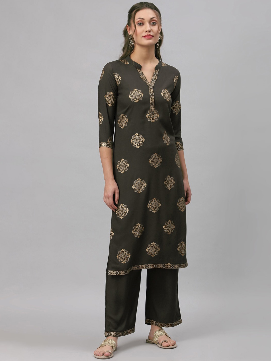 

SANISA Women Grey Ethnic Motifs Printed Straight Kurta with Palazzo